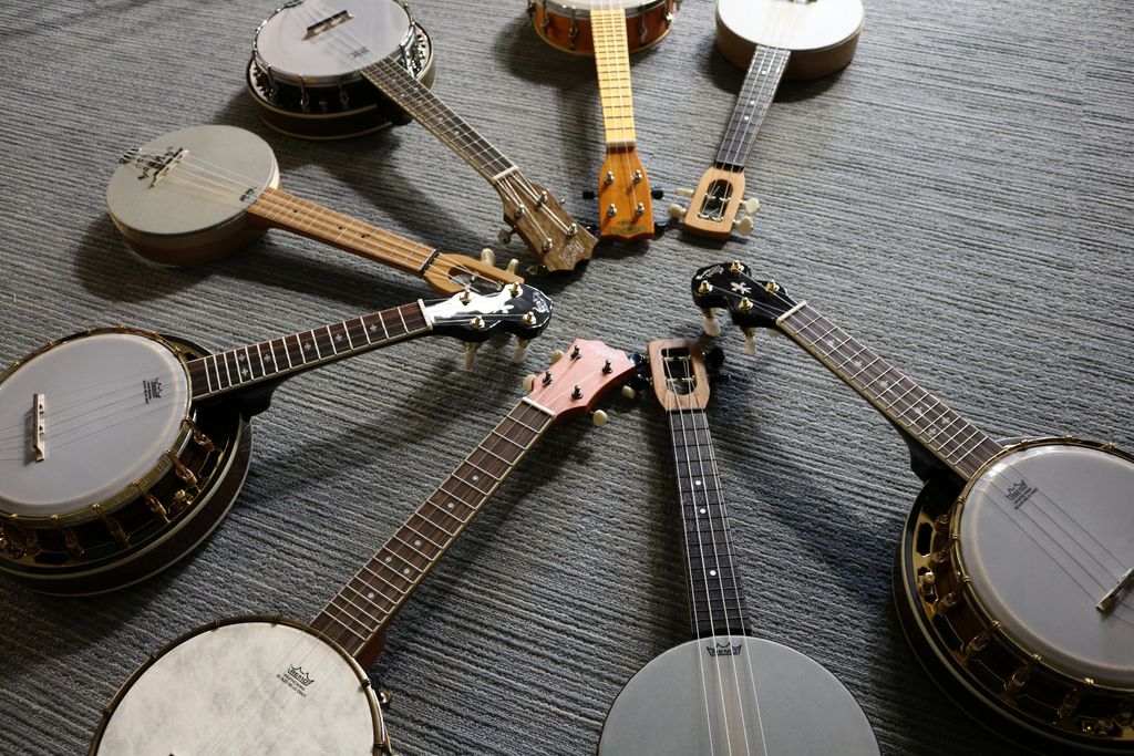 A selection of different banjo ukuleles