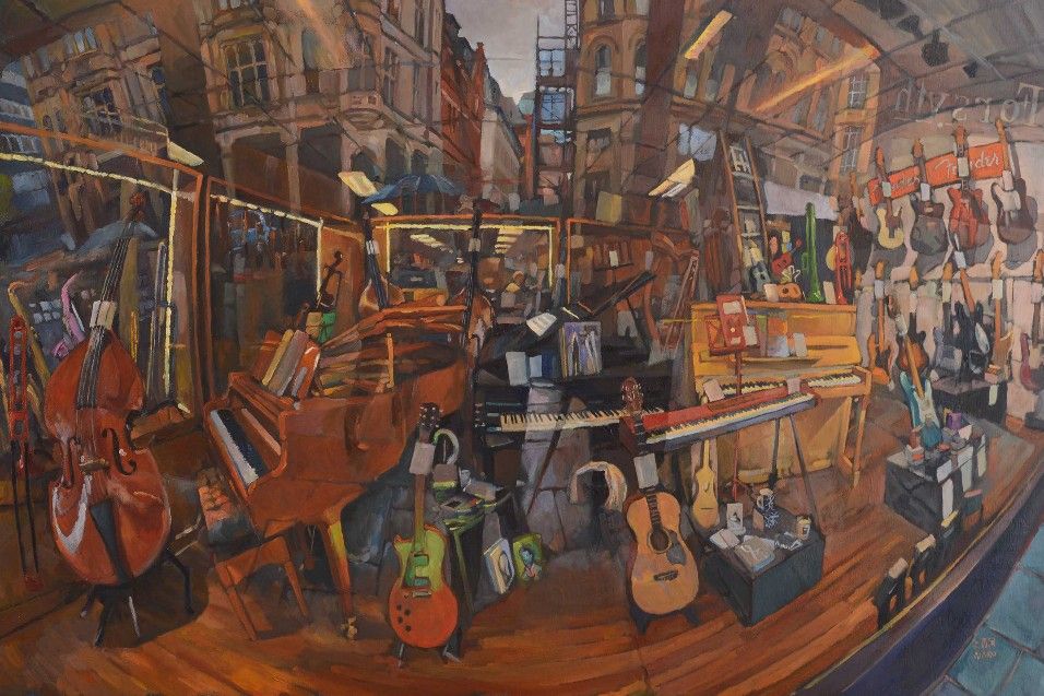 Stephen Campbell (June 2015): Forsyth. Now the oldest shop in Manchester. See if you can tell what’s in the shop and what’s reflected. What a challenge this was. See Clark Art Ltd for further information.