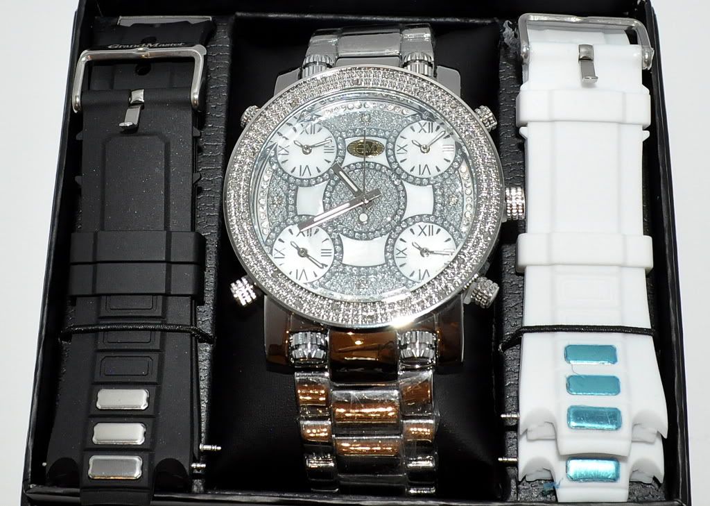 Mens Diamond Watch Real Grand Master 5 Time Zone 2 Extra Bands