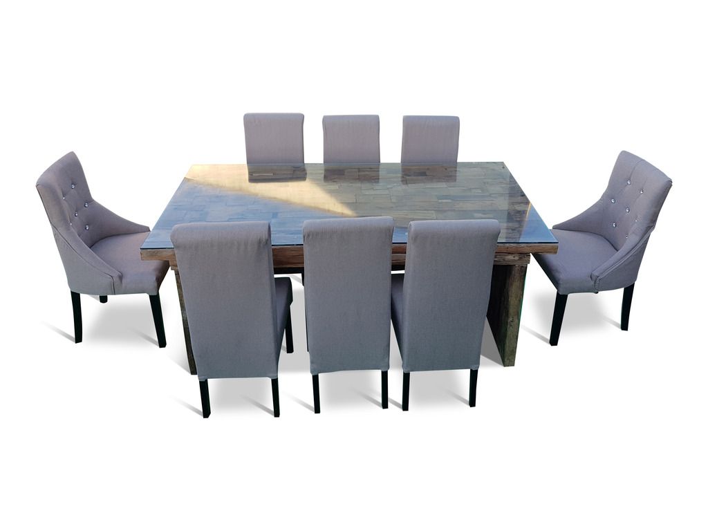 RECLAIMED RUSTIC BOAT TEAK DINING TABLE ROLLBACK CHAIRS BUTTON CHAIRS