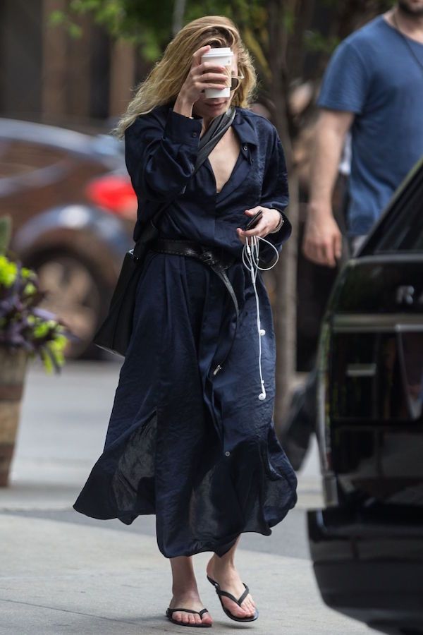 Olsens Anonymous Blog Ashley Olsen Style Wavy Hair Navy Shirt Dress Leather Belt Flip Flips New York City