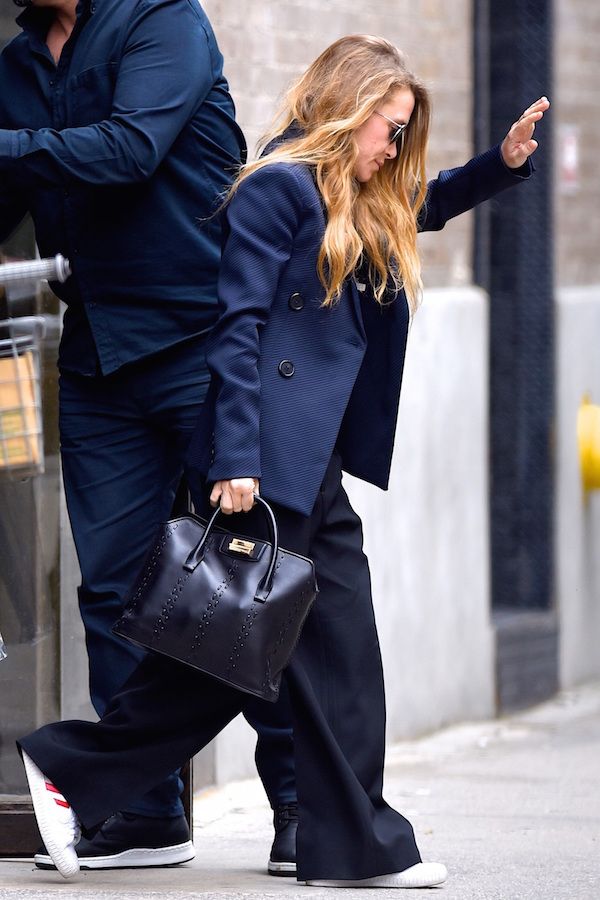 Olsens Anonymous Blog Mary Kate Olsen Twins Style Navy Black Business Casual Navy Blazer Leather Bag Wide Leg Pants Sneakers Way Hair Aviator Sunglasses