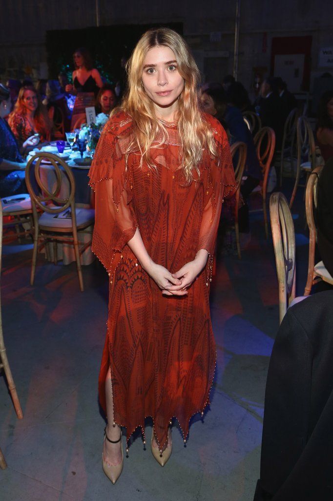 Olsens Anonymous Fashion Blog Ashley Olsen Red Embellished Beaded Dress Layers Sheer Print Long Wavy Hair Ankle Strap Nude Leather Heels Pumps NYC Event 2018