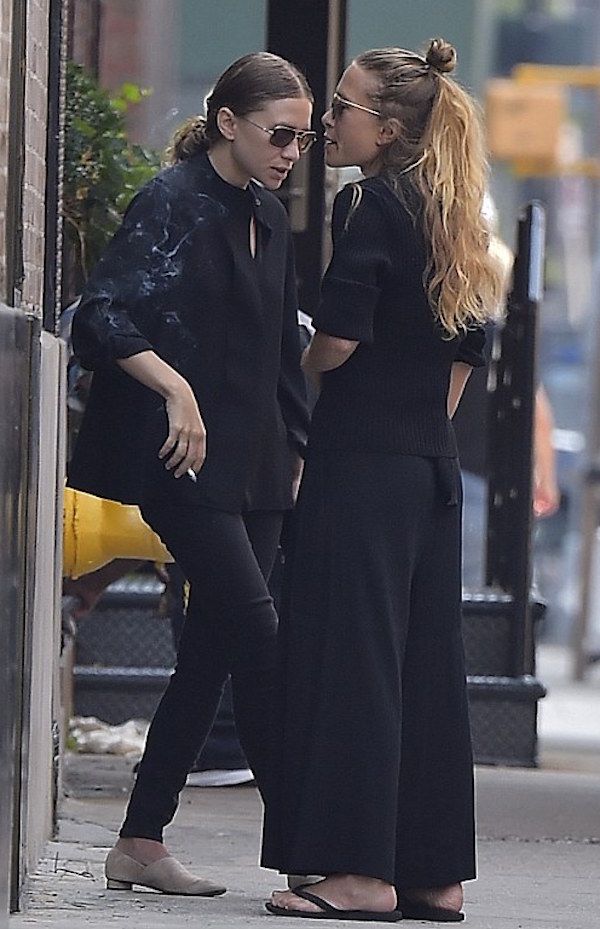 Olsens Anonymous Blog Style Fashion Mary Kate And Ashley Olsen Twins Black On Black Culottes Wide Leg Pants Flats Smoke Break