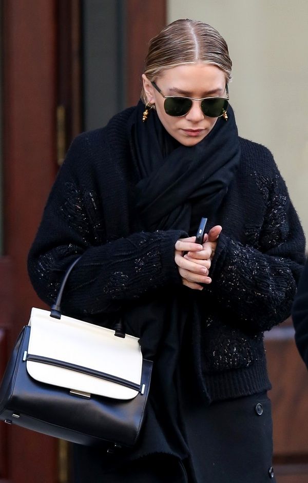 OLSENS ANONYMOUS ASHLEY OLSEN FASHION STYLE BLOG SUNGLASSES BLACK SCARF EMBELLISHED BEADED SWEATER HOOP DROP GOLD EARRINGS LONG JACKET TWO TONE BLACK AND WHITE TOP HANDLE BAG THE ROW NYC BUNDLED UP WINTER2