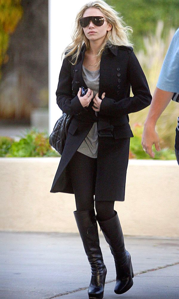 Olsens Anonymous Blog Style Fashion Ashley Olsen Twins Balenciaga Knee High Boots Coat Leggings Leather Bag