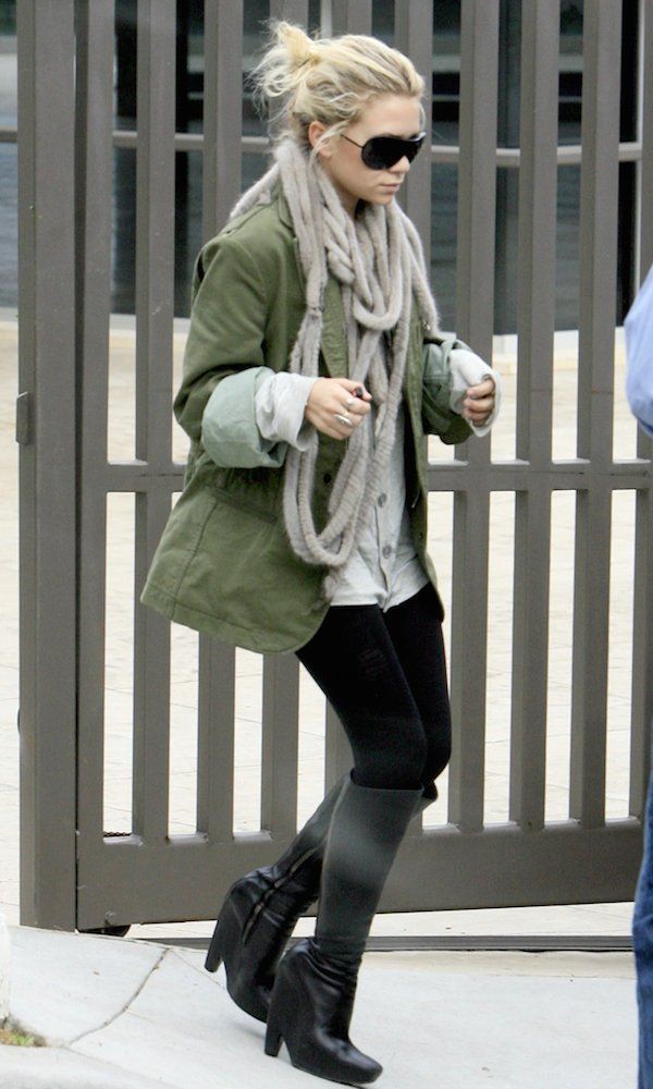 Olsens Anonymous Blog Style Fashion Ashley Olsen Twins Balenciaga Knee High Boots Green Jacket Leggings