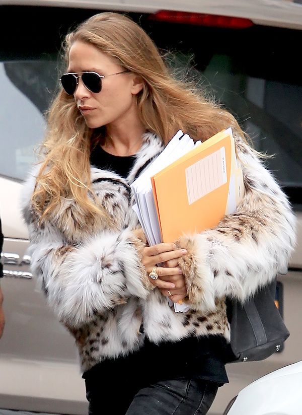 Olsens Anonymous Fashion Blog Mary Kate Olsen Twins Style Aviator Sunglasses Long Hair Print Fur Coat Black Sweater