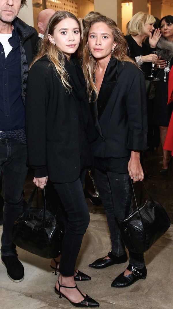 Olsens Anonymous Blog Mary Kate Ashley Olsen Twins Best All Black Looks Blazer Tuxedo Jacket Skinny Jeans Denim The Row Croc Bag Kitten Heels Flats