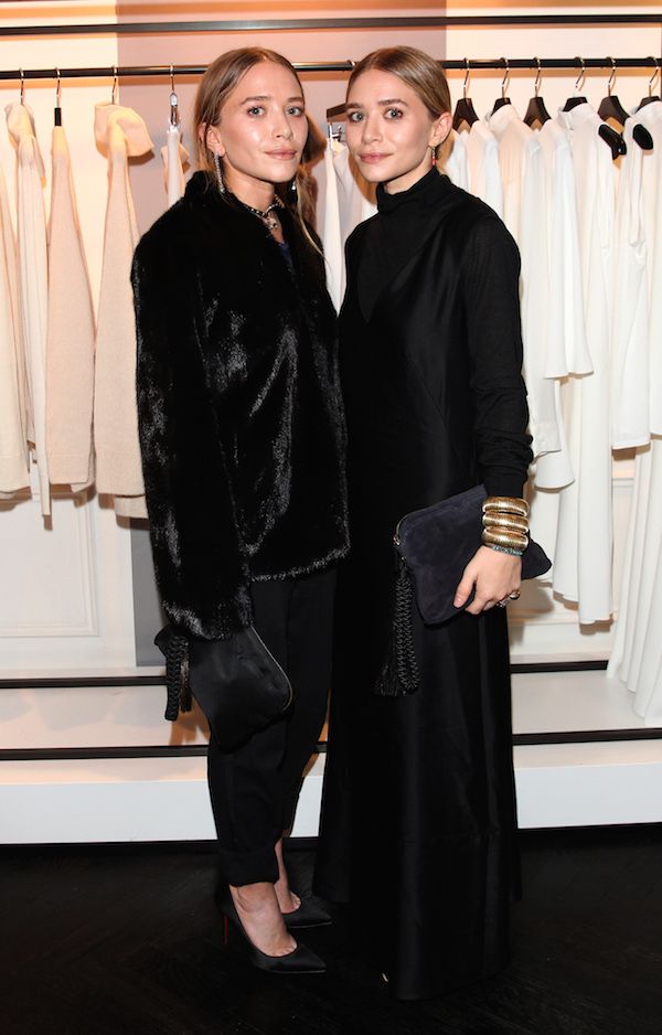Olsens Anonymous Blog Mary Kate Ashley Olsen Twins Best All Black Looks Fur Coat Pants Louboutin Heels Mock Neck Satin Dress Clutch Bangles