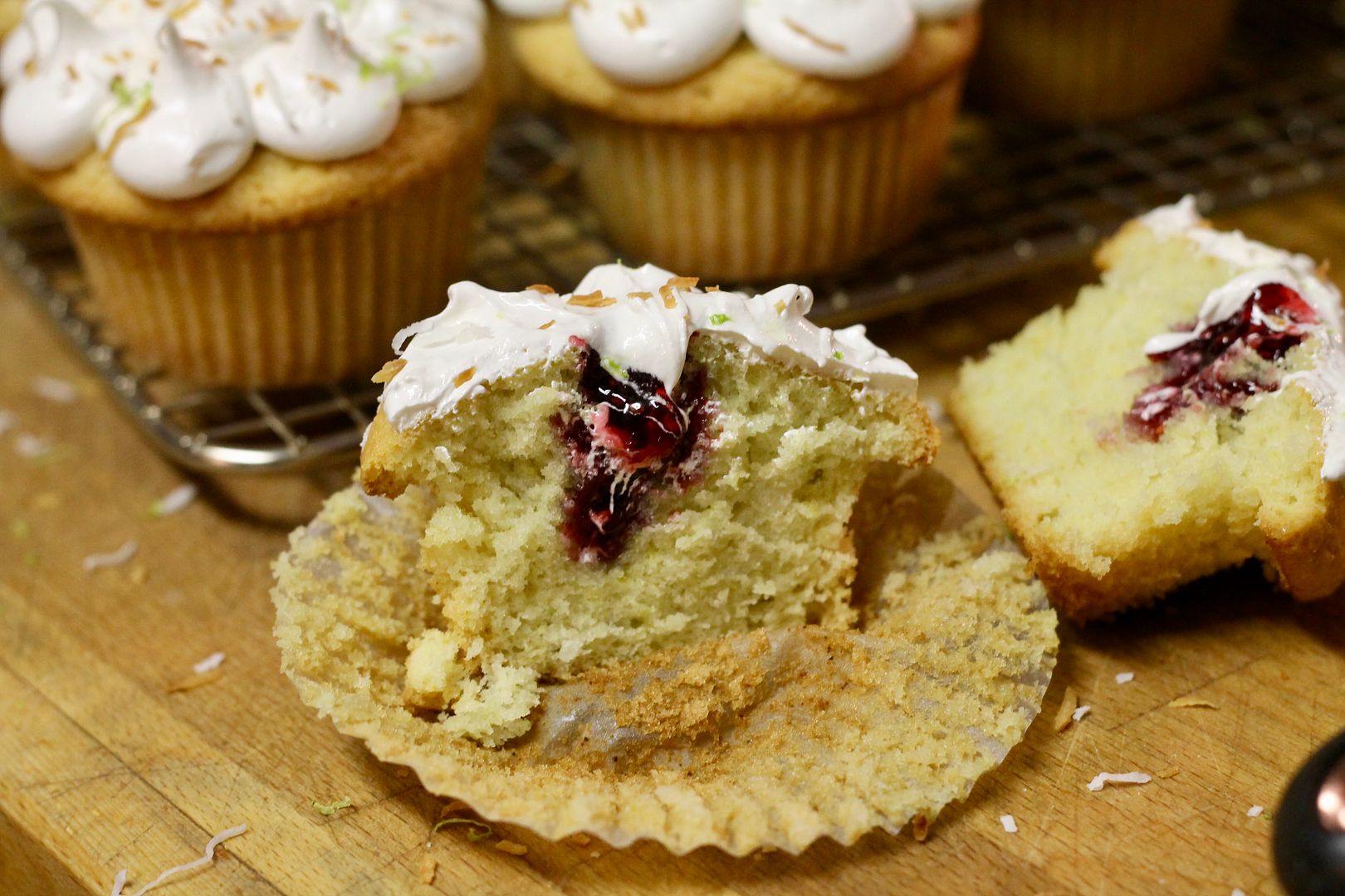 Coconut Lime Cupcakes with Raspberry Jam & 7(ish)-Minute Frosting | Korena in the Kitchen